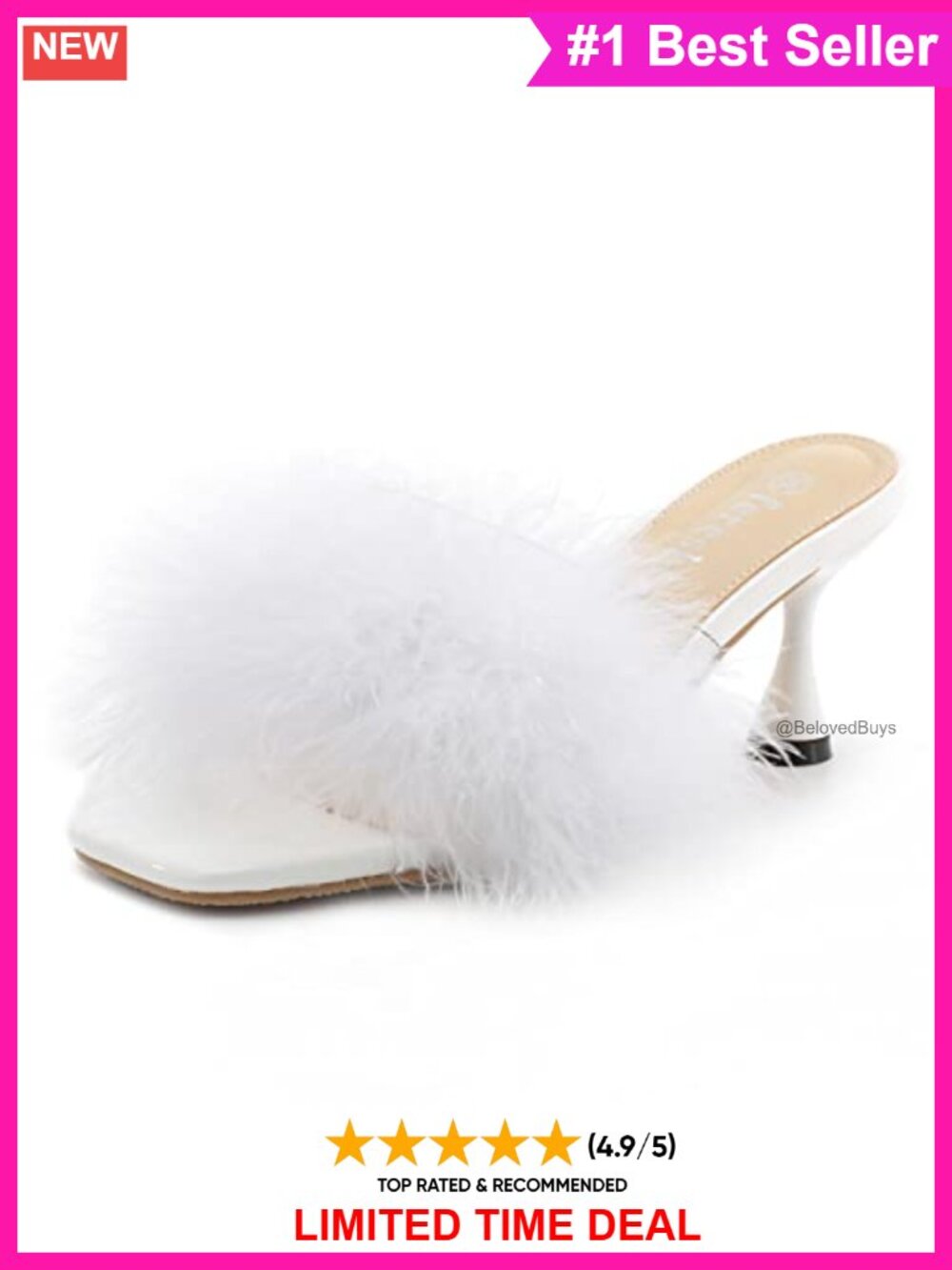 Kitten Heel Mule Sandals with Feather Fur and Clear Strap